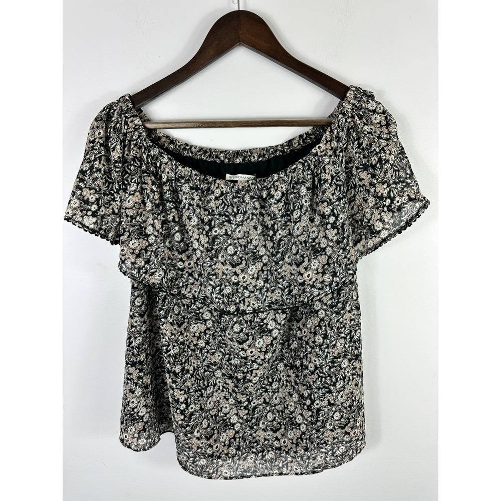 Rebecca Minkoff Floral Off Shoulder Ruffle Top‎ Womens Small Black Dark Cottage